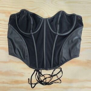 Urban Outfitters XL Black Faux Leather Corset Top Bustier Mesh Panel Laced Sides
